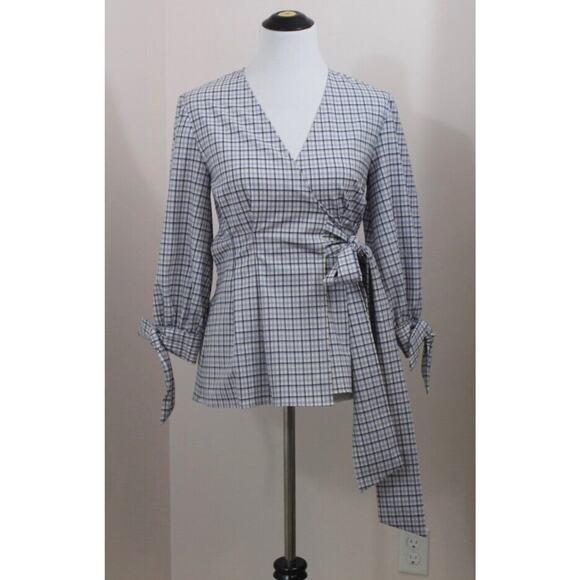 PEARL by LELA ROSE Sz XS Purple Check Plaid Wool Wrap Top Blouse - Picture 6 of 7